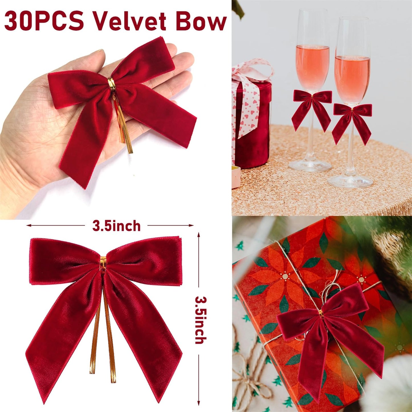 30Pcs Red Velvet Ribbon Bows Twist Tie Bows 3.5x3.5in for Christmas Tree Decorations Ornaments Wreath Baby Shower Treat Bag Gift Wrapping Crafts Xmas Candy Bags Décor