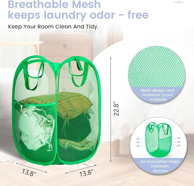 HOUSE AGAIN 2 Pcs Pop Up Laundry Hamper, Strong Mesh Laundry Baskets Collapsible, Hamper with Handles and Side Pocket, Portable Foldable Dirty Clothes for Dorm, Laundry room and Travel Storage, Green