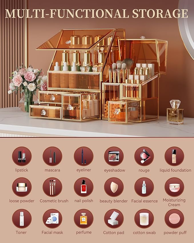 CoralHouse Amber Glass Makeup Organizer with Lid, 3-Piece Vanity Organizer with Gold Frame, Cosmetic Display Case for Skincare, Perfume, Lipsticks, Brushes, Bathroom Countertop & Dresser