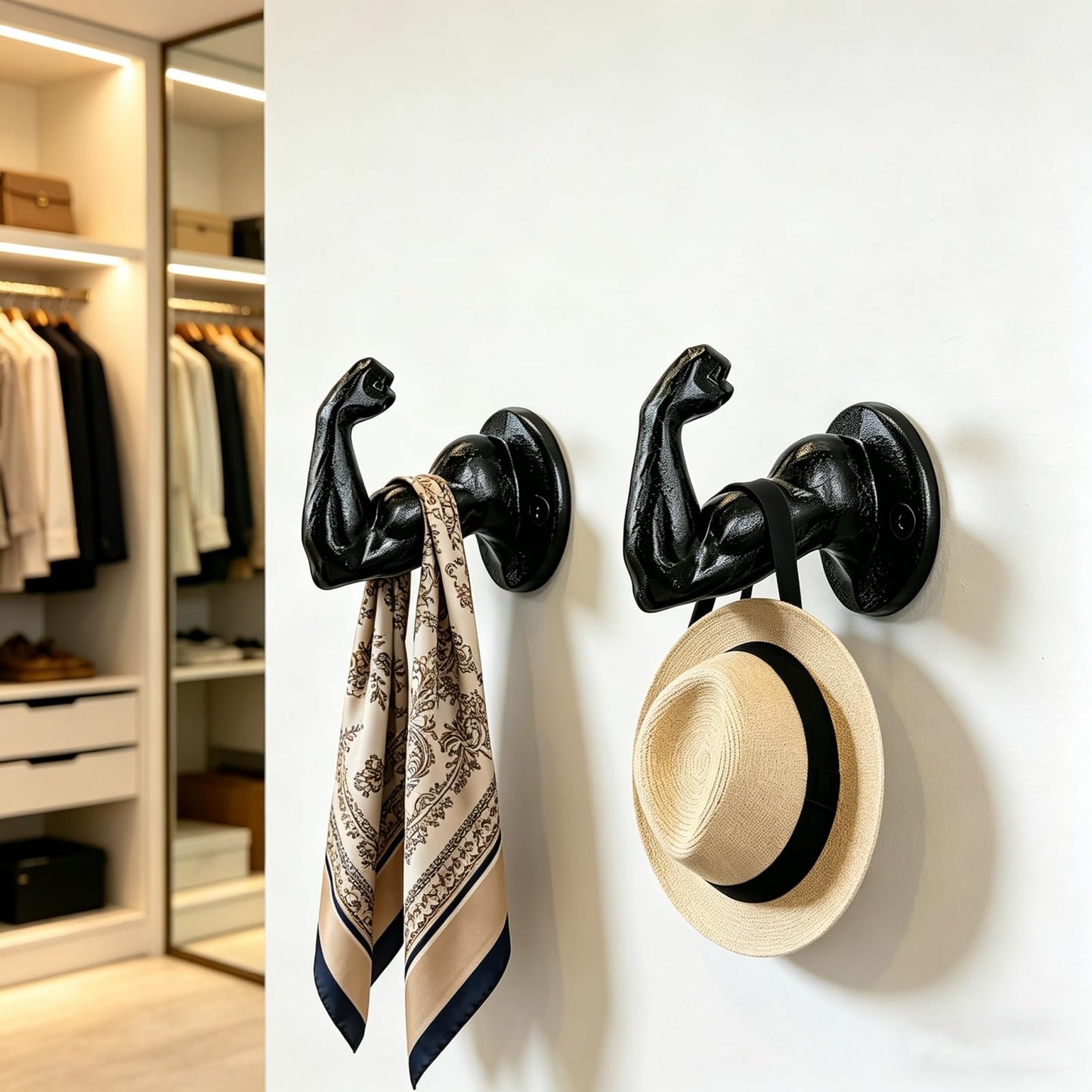 Womeet Rustic Cast Iron Coat Hooks, Wall Mounted Key Hook Holder, Farmhouse Decorative Muscle Hooks, Heavy Duty Wall Hooks for Hanging Coats, Hats, Bathrooms Towels, Gym Room 2pcs