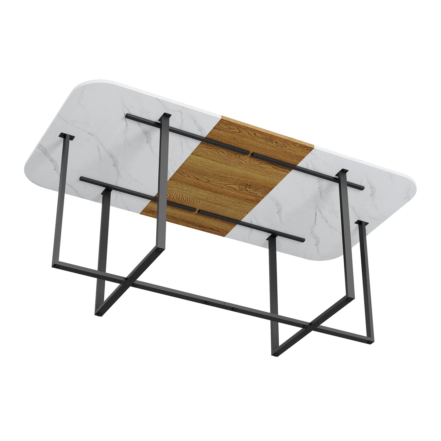 KEIKI 79" Dining Table Set for 8, Rectangular Kitchen Table Set with White Faux Marble & Wood Grain Top, Modern Dining Room Set with 8 Brown Suede Chairs, Large Family Dining Table Furniture
