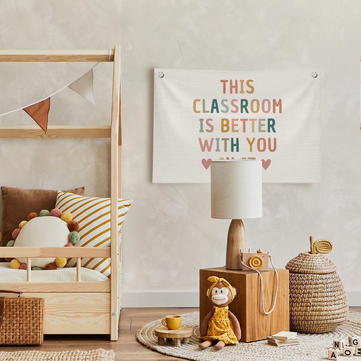 QROZIAR Boho Classroom Decor for Teacher, Cute Neutral Classroom Must Haves Wall Decor, Welcome Sign Canvas Banner Wall Hanging Banner Flag, Back To School Wall Flags for Nursery Classroom Teacher, This Classroom Is Better With You In It 30x20 inchs