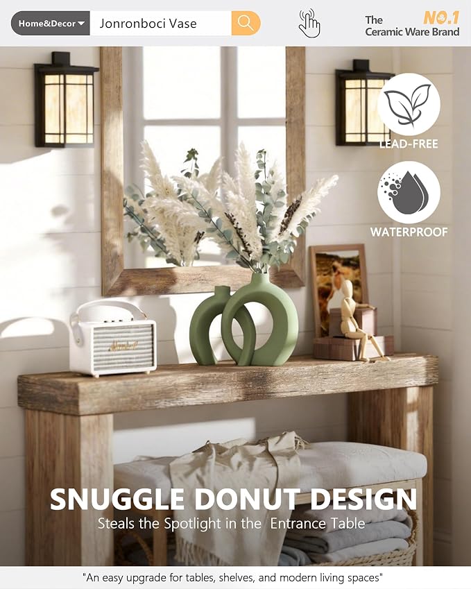 Set of 2 Sage Green Ceramic Vases for Home Decor Accents - Unique Hollow Donut Artistic Design Modern Boho Farmhouse Style Decorative Vases for Shelf, Mantel, Entryway Table Decor (Matte Green)
