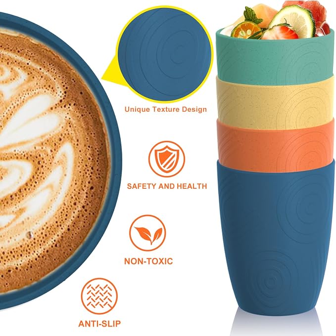 Homienly Plastic Cups Alternative Wheat Straw Drinking Glasses 4-Pack | 12 oz Unbreakable & Reusable Plastic Cups, Microwave Safe | Everyday Kids Tumblers & Kitchen Accessories (Multi-Color)