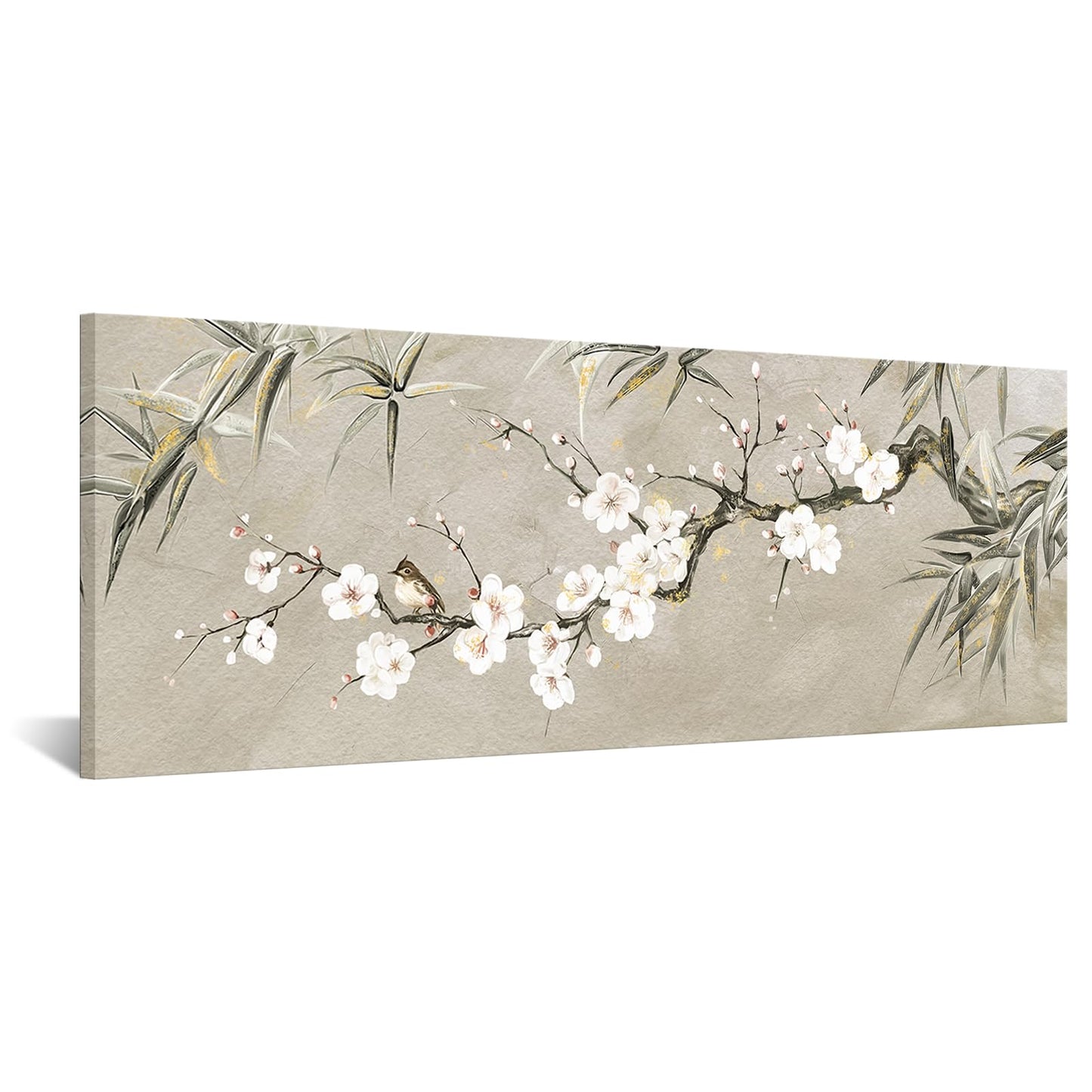 KREATIVE ARTS Large Bamboo Plum Blossoms Chinese Traditional Wall Art Canvas Painting with Birds, Black Grey Gold Print, Modern Home Living Room Decoration, 20x55 Inches