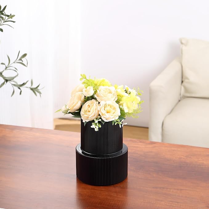Ribbed Glass Vase, Flower Vase, Fluted Black Vases for Flowers, Modern Vases for Living Room, Dining Table, Entryway, Shelf, Wedding, Office, Coffee Table, Birthday, 7.5 Inches