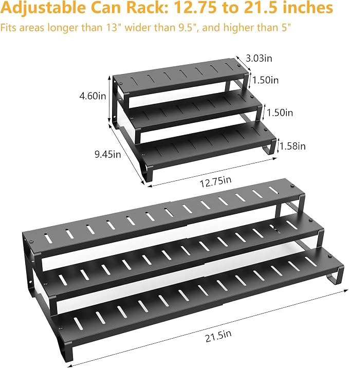 Attelite 3 Tier Expandable Can Rack Organizer for Pantry, Adjustable 13"-21" Metal Soda Can Organizer, Pantry Organization Canned Food Storage Holder for Kitchen Cabinet Countertop, Black 2Pack