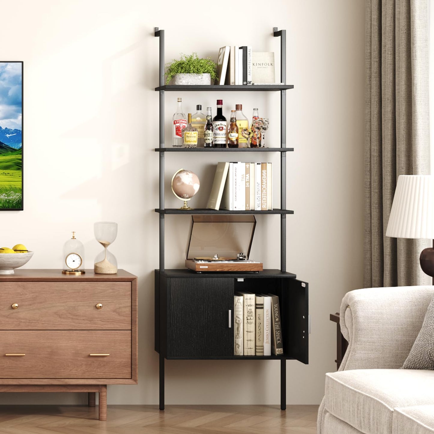Yusong 73" Tall Bookshelf with Cabinet, Industrial Ladder Wall Mount Shelf Bookcase with Wood and Metal Frame, Plant Shelf Wall Storage Display for Living Room Bedroom, Black Wood Grain