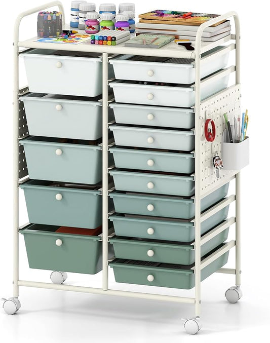 Giantex 15 Drawer Storage Cart, Rolling Craft Cart with Metal Tabletop & Pegboard, Mobile Utility Organizer Trolley with Locking Wheels, Home Office, Green Gradient