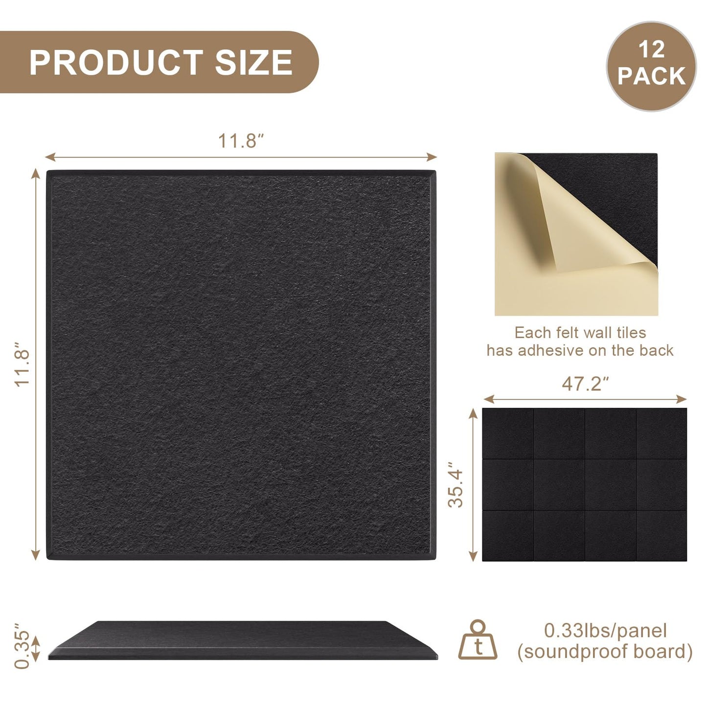 Large Felt Bulletin Board 48" x 36" Self Adhesive Cork Board Alternative 12 Pack Felt Wall Tiles Cork Boards For Walls Thick Slat Wall Panels For Home Office Classroom Decor Pin Board-Black
