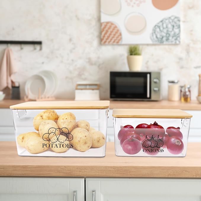 Potato & Onion Storage, Bamboo Lid, Transparent Acrylic Bin, 2 Set Stackable, Pantry & Kitchen Organizer