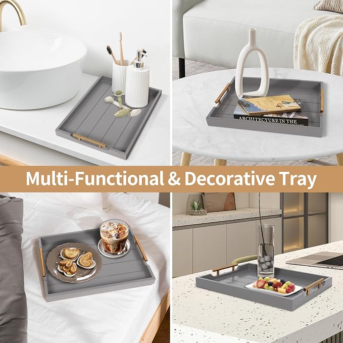 SXNOWS Wooden Serving Tray with 2 Sets of Handles,Large Ottoman Tray for Living Room, Rectangular Wood Tray for Coffee Table, Modern Farmhouse Kitchen Decor, 4 Round Coasters Included,Gray
