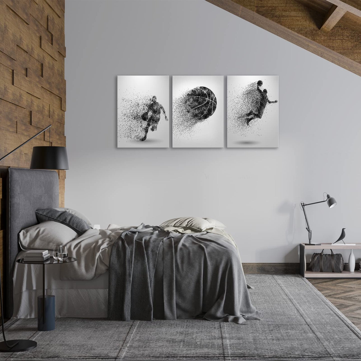 Basketball Canvas Wall Art - Black and White Sports Poster - Particle Silhouette - Set of 3 Framed Ready to Hang