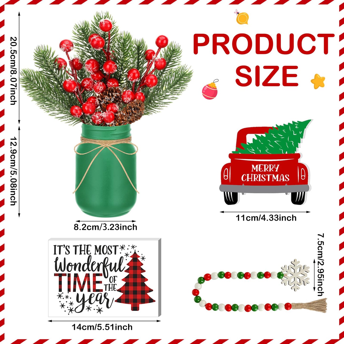 Jexine 12 Pcs Christmas Mason Jar Centerpieces Table Decor with Artificial Snow Pine Cone Red Berry Xmas Wooden Sign for Holiday Farmhouse Home Dining Table Kitchen Tiered Tray Decor