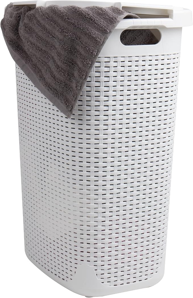 Mind Reader Slim Laundry Hamper with Lid, 60L Tall Clothes Basket, Narrow Tapered Design for Bathrooms, Closets and Laundry Rooms, Plastic, 2 Pack, White