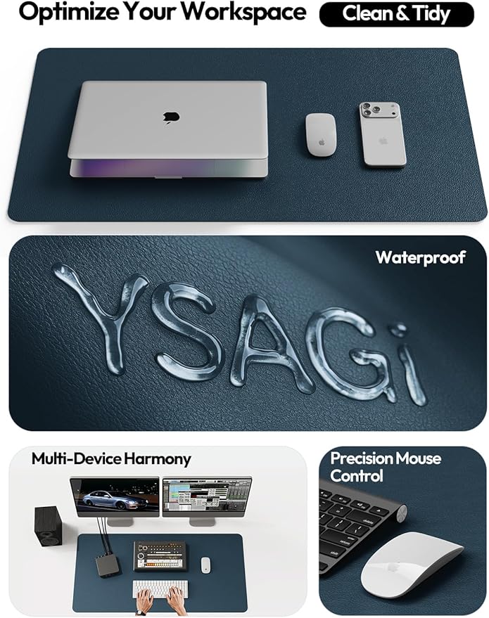 YSAGi Leather Desk Protector, Office Mat, Large Mouse Mat, Non-Slip PU Leather Blotter, Laptop Desk Mat, Waterproof Writing Pad for Office and Home(Dark Blue, 63" x 24")