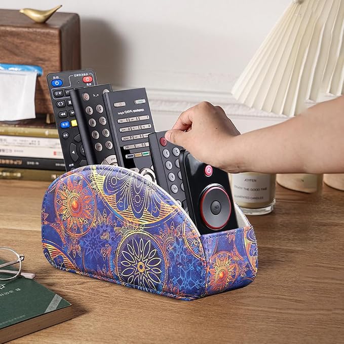 TV Remote Control Holder with 5 Compartments,Pu Leather Remote Caddy/Box/Tray Bedside Table Desk Storage Organizer for DVD, Blu-Ray, Media Player, Heater Controllers and Cosmetics Office Supplies
