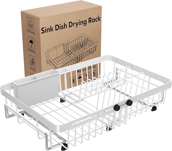 MAJALiS White Dish Drying Rack Over The Sink, Expandable Stainless Steel Dish Drainer for Small Kitchen Counter Space Saving, RV Compact Plate Strainer in Metal with Hanging Adjustable Utensil Holder