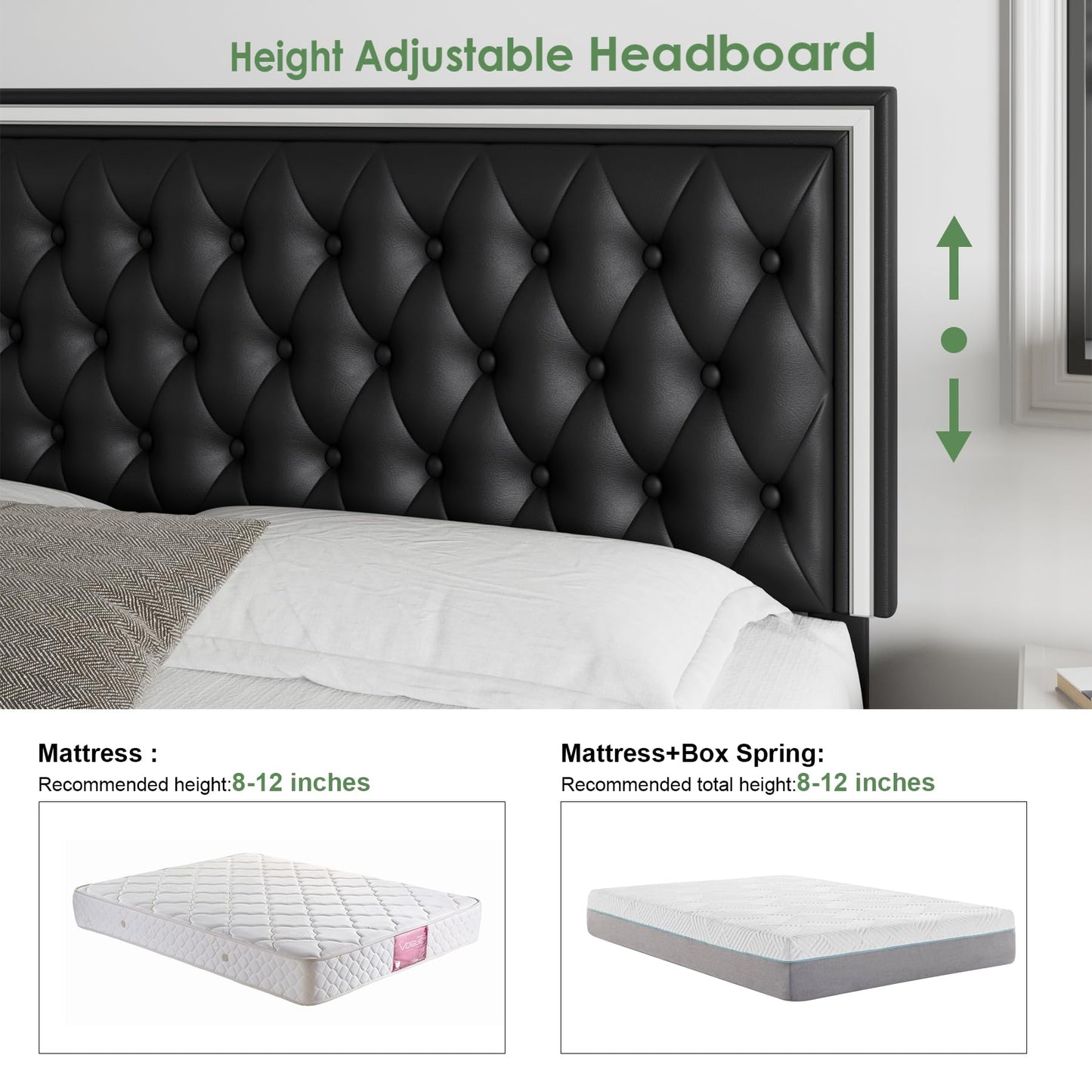 Keyluv Queen Upholstered LED Bed Frame with 4 Drawers, PU Leather Platform Storage Bed with Adjustable Button Tufted Headboard and Solid Wooden Slats Support, No Box Spring Needed, Black