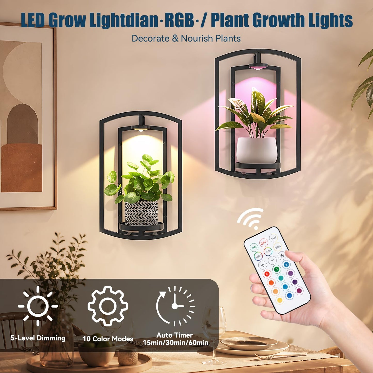 AUCCNT Wall Plant Holder with Remote Grow Lights, Framed Plants Holder for Indoor Plants Wall Decor, Living Room Plant Stand, Window Plant Shelves, 1 Pack