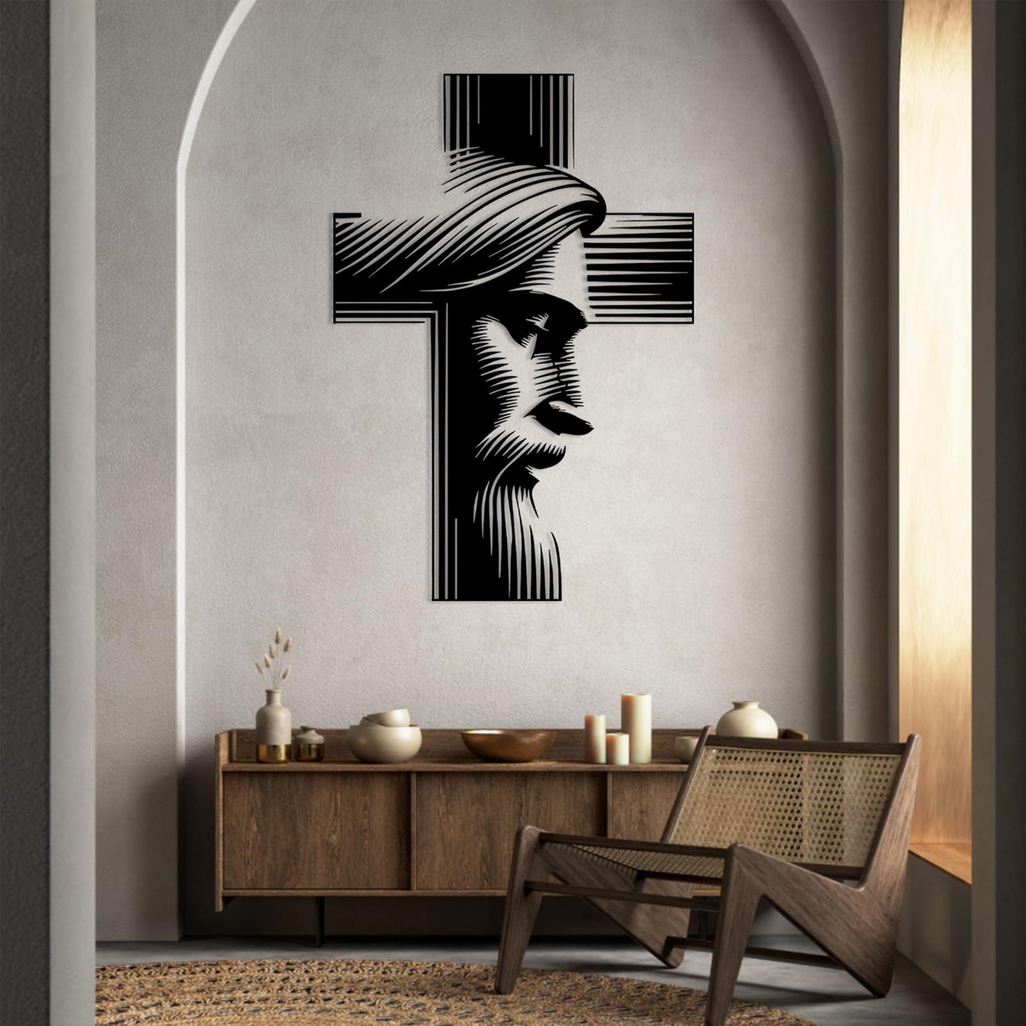 Metal Jesus Cross Wall Decor, Modern Christian Wall Art Sign, Black Metal Religious Hanging for Home Office Prayer Room, Framed Wall Decoration Ready to Hang (Gold, 35x24in|90x62cm)