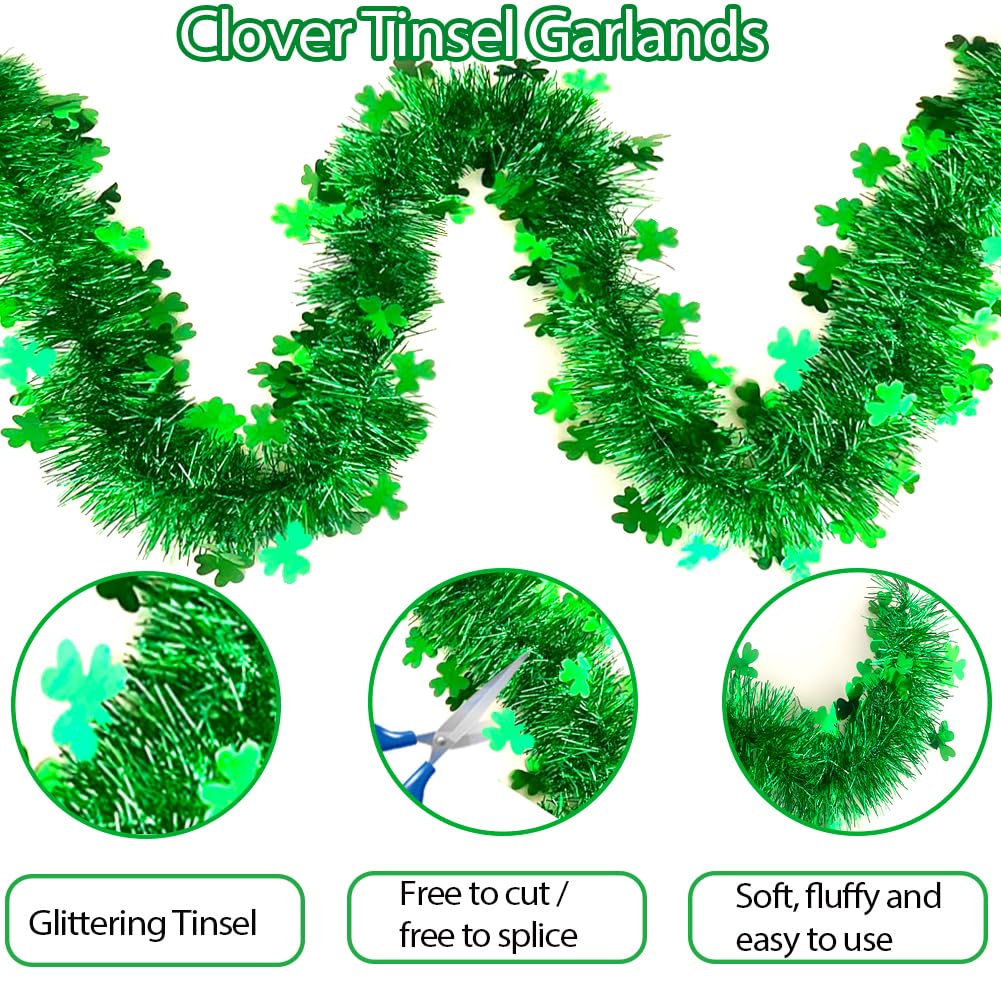 33 Ft St.Patrick's Day Tinsel Garland, Shiny Thick Green Garland with Shamrock Designs Irish Holiday Party Clover Hanging Decorations for Saint Patrick's Day Home Indoor Outdoor Party Decor