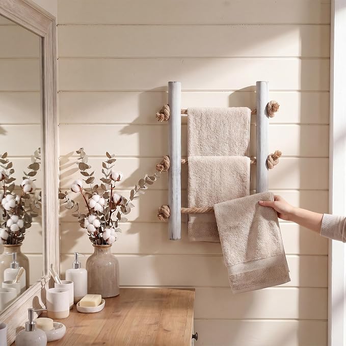 Junkin Ladder Rustic Hand Towel Holder Whitewashed Solid Wood and Rope Farmhouse Bathroom Decor Small Blanket Ladder Wall Mounted Towel Rack for Home Bathroom Decor
