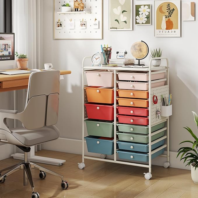 Giantex 15 Drawer Storage Cart, Rolling Craft Cart with Metal Tabletop & Pegboard, Mobile Utility Organizer Trolley with Locking Wheels, Home Office, Macaron Multicolor
