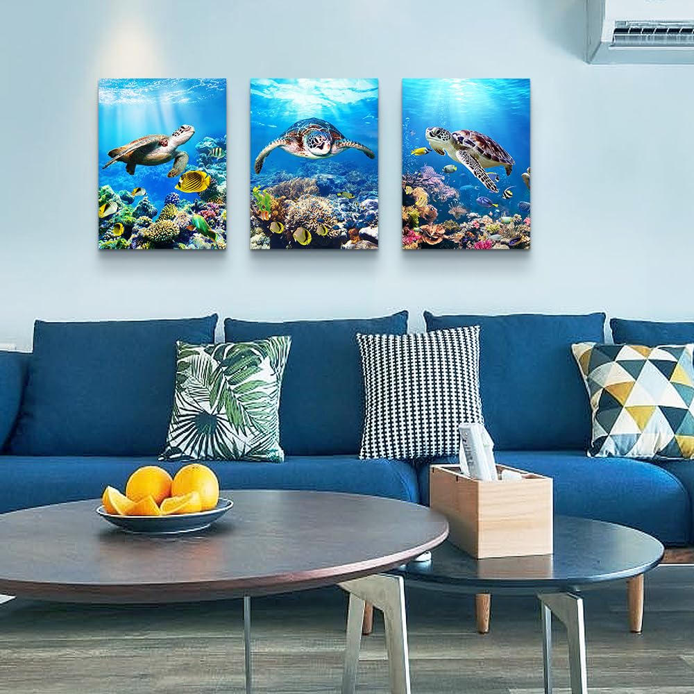 MHARTK66 Canvas Wall Art - Modern Decor for Living Room, Bedroom & Office - Sea Turtle Wall Paintings - Ocean & Underwater World Pictures - 3 Panels Ready to Hang - 12" X 16" Each