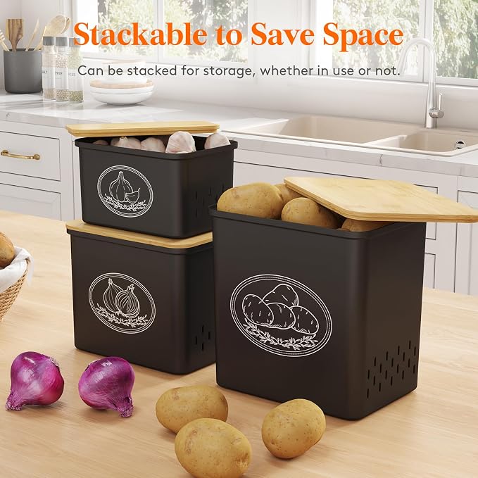 Lifewit Plastic Potato and Onion Storage Bin, Stackable Garlic Keeper with Aerating Holes and Lid, Vegetable Container Box for Pantry Countertop, Black, 24 x 18 x 24 cm/9.5 x 7 x 9.5 inch, Set of 3