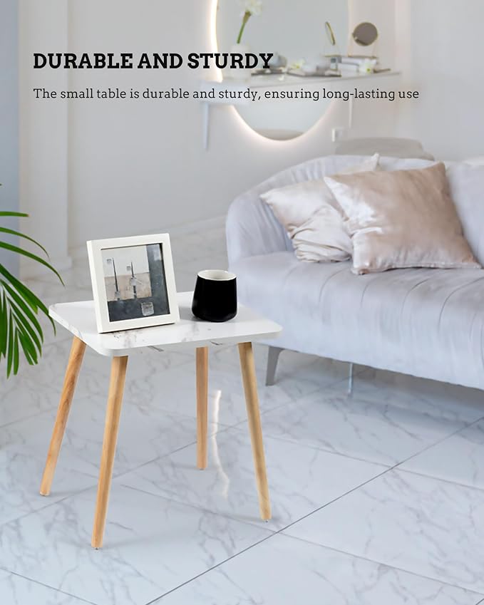 FORAOFUR Small Side Table, Set of 2 Modern Mini Coffee Table with Natural Wood Legs, Quick Assembly End Furniture for Bedroom Living Sofa, Minimalist Design for Nursery and Compact Homes, Marble