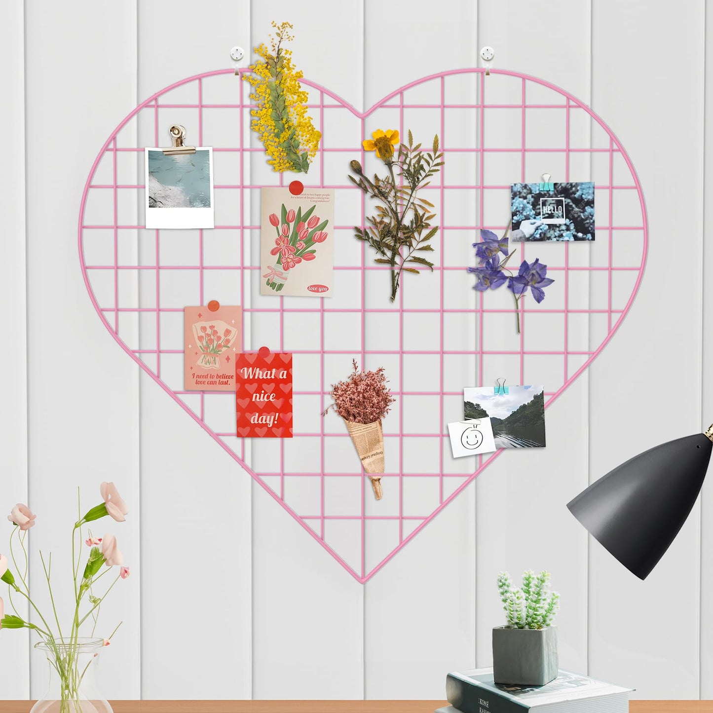 ECLENYES Grid Photo Wall Panels - 22.4"x20.4" Heart Shape Iron Rack Art Wire Board, Wall Grid Organizer, DIY Photo Frame for Home, Office, Kitchen, Bedroom, Christmas Gifts - Pink