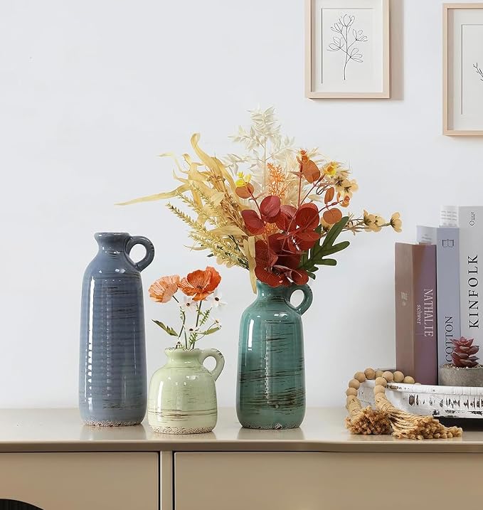 Ceramic Vase Set of 3, Vase with Handle, Modern Farmhouse Vases for Pampas Grass & Dried Flowers, Flower Vase for Table Living Room Home Decor-Multicolor
