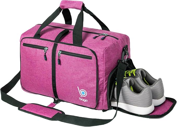 Bago Foldable Duffel Bags for Traveling Women & Men - 60L Medium Packable Duffle Bag for Travel with Shoe Compartment - Water Repellant, Heavy Duty, Lightweight Folding & Collapsible (SnowPink)