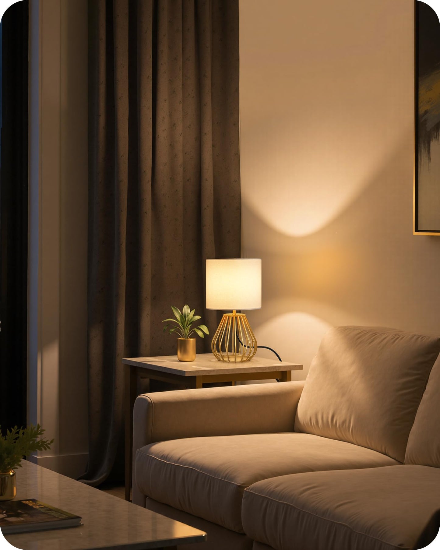 GOEBLESON Gold Table Lamp, Small Gold Bedside Lamp with Metal Base & White Linen Lampshade, Modern Nightstand Lamp, Little Cute Desk Lamp for Bedroom, Living Room, 2700K LED Bulb Included, DCW06TL05