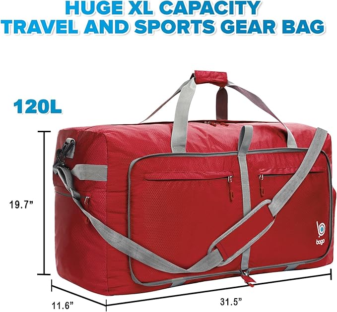 Bago Big XXL Foldable Duffel Bags for Traveling Women & Men - 140L Packable Duffle Bag for Travel with Shoe Compartment - Water Repellant, Heavy Duty, Lightweight Folding & Collapsible (Red)