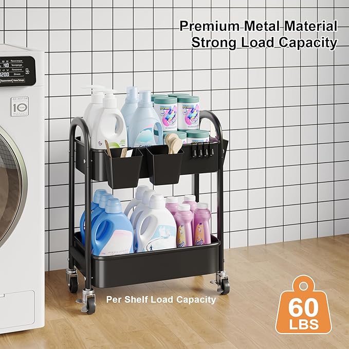 2 Tier Rolling Cart Metal on Wheels, Two Tiered Short Storage Side Table with Wheels, Heavy Duty Under Desk Mobile Trolley, Small Utility Organizer Carts for Craft, Art, Office, Kitchen, Black Basket
