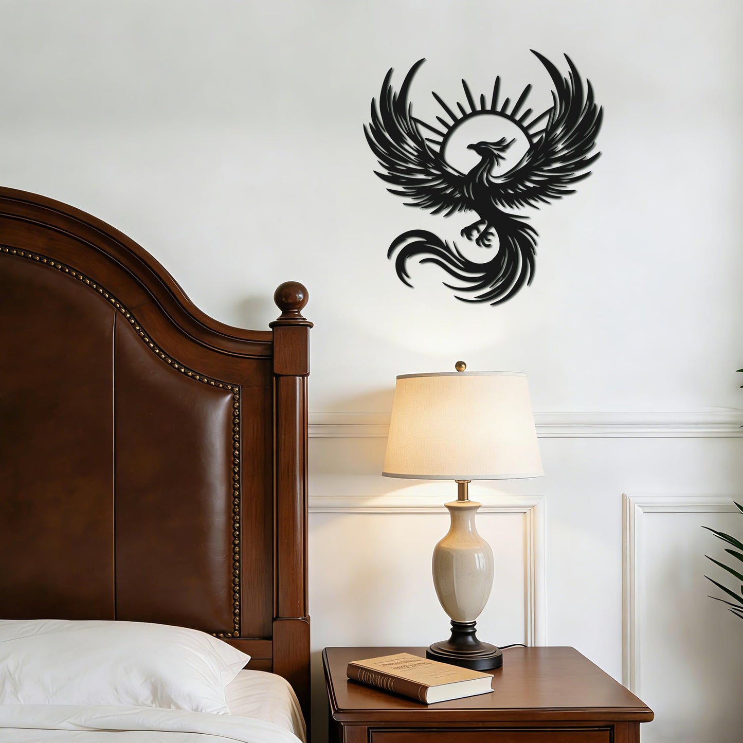 Rajukit Phoenix Art Metal Wall Decor, Phoenix and Sun Design 11.8x11 inches. Durable black metal. for living room, bedroom. Phoenix statue silhouette with sun rays.