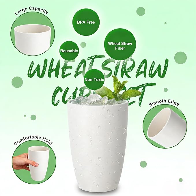 Wheat Straw Unbreakable Cup, 20 OZ Reusable Water Drinking Glasses Sets of 6, Lightweight Glass Cups, Alternative to Plastic Cups, Dishwasher Safe Tumbler for Kitchen Outdoor Camping, White
