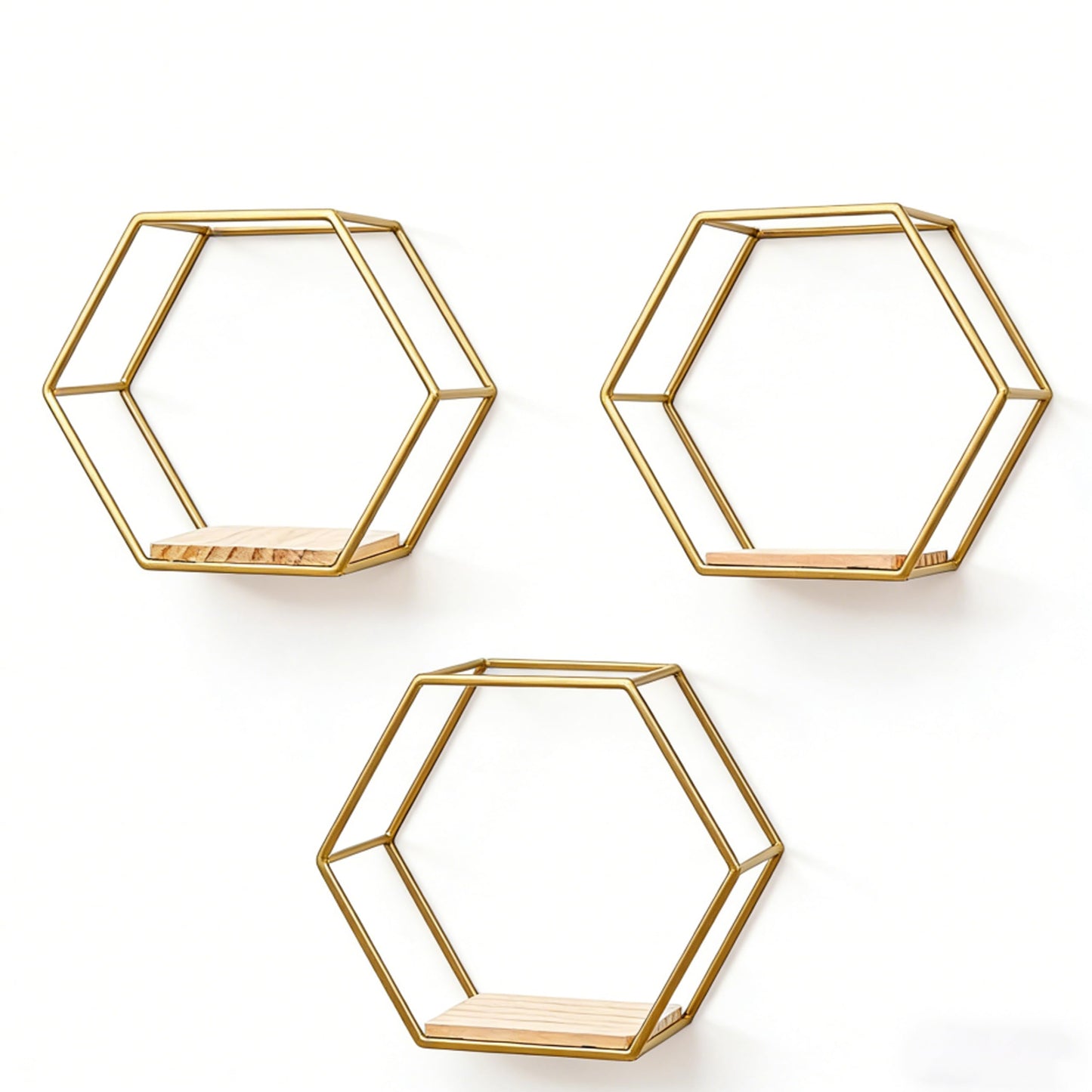 CXYNDFA Gold Hexagon Wall Shelves Set of 3 - Floating Metal Shelves for Wall Mounted Decor, Geometric Shelving for Bedroom, Living Room, Kitchen & Office