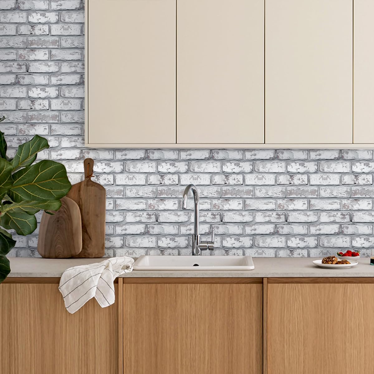 Commomy 10 Pcs 3D Faux Brick Wall Panels -11.8"X11.8" Small Size PVC Grey Whitewash Brick Peel and Stick Tiles Backsplash DIY Brick Wallpaper Wall Tile for Bedroom, Kitchen, Fireplace,RV