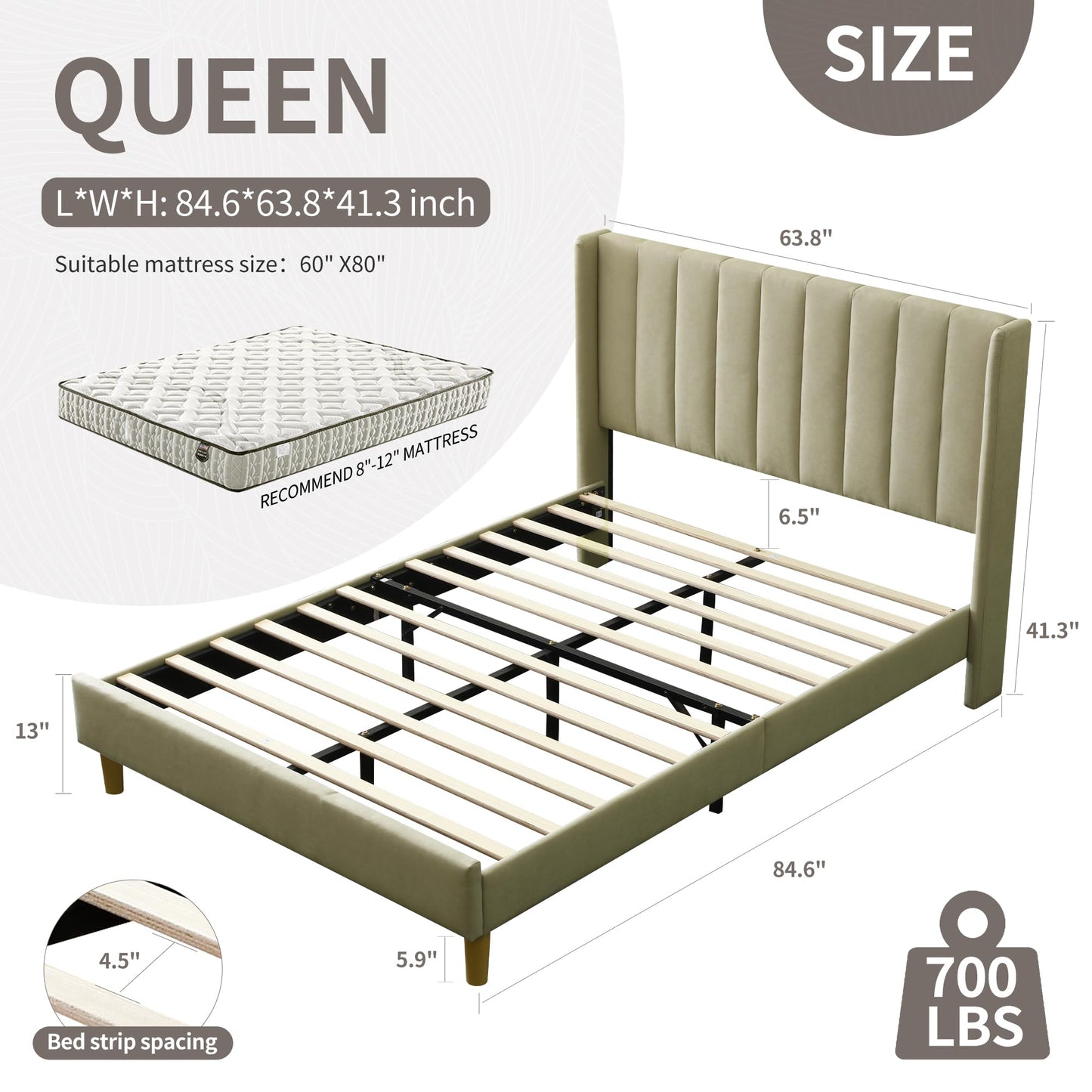 YUHUASHI upholstered Platform Bed Frame/Queen Bed Frame/Modern Geometric Double-Wing Design headboard/Linen Fabric/Easy to Assemble no Noise (Beige, Queen (U.S. Standard))