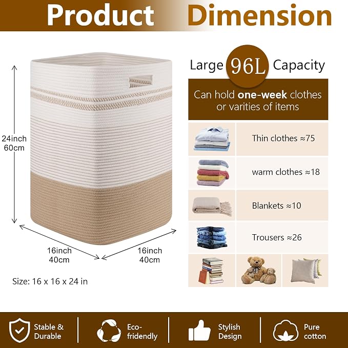 96L Extra Large Cotton Rope Laundry Basket for Bedroom & Laundry Room, Tall Clothes Hamper with Sturdy Handles, Neutral Storage Bin Capable of Holding Blankets and Toys