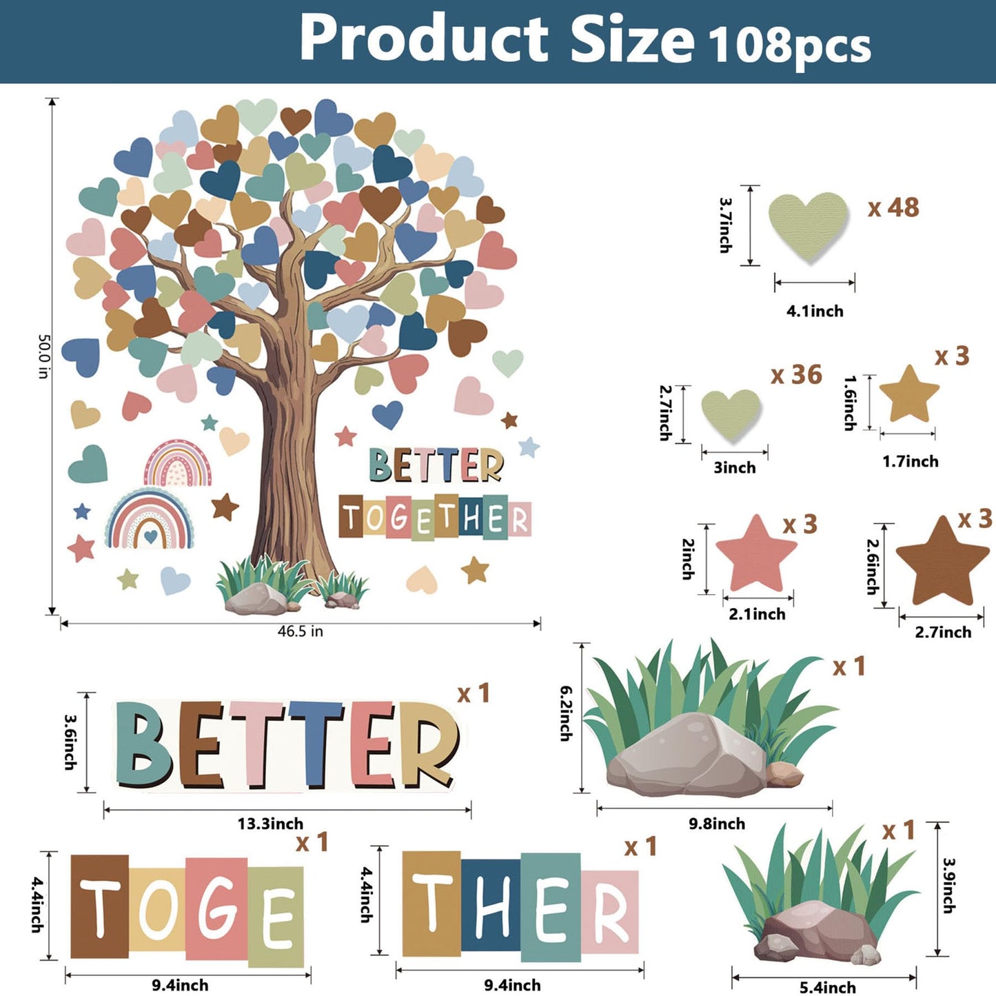Adduster 108 Sheet Tree Bulletin Board Set - Classroom Tree Bulletin Board Set Heart Cutouts Classroom Bulletin Wall Decor Supplies for School Elementary Teacher Chalkboards (Bohemian)