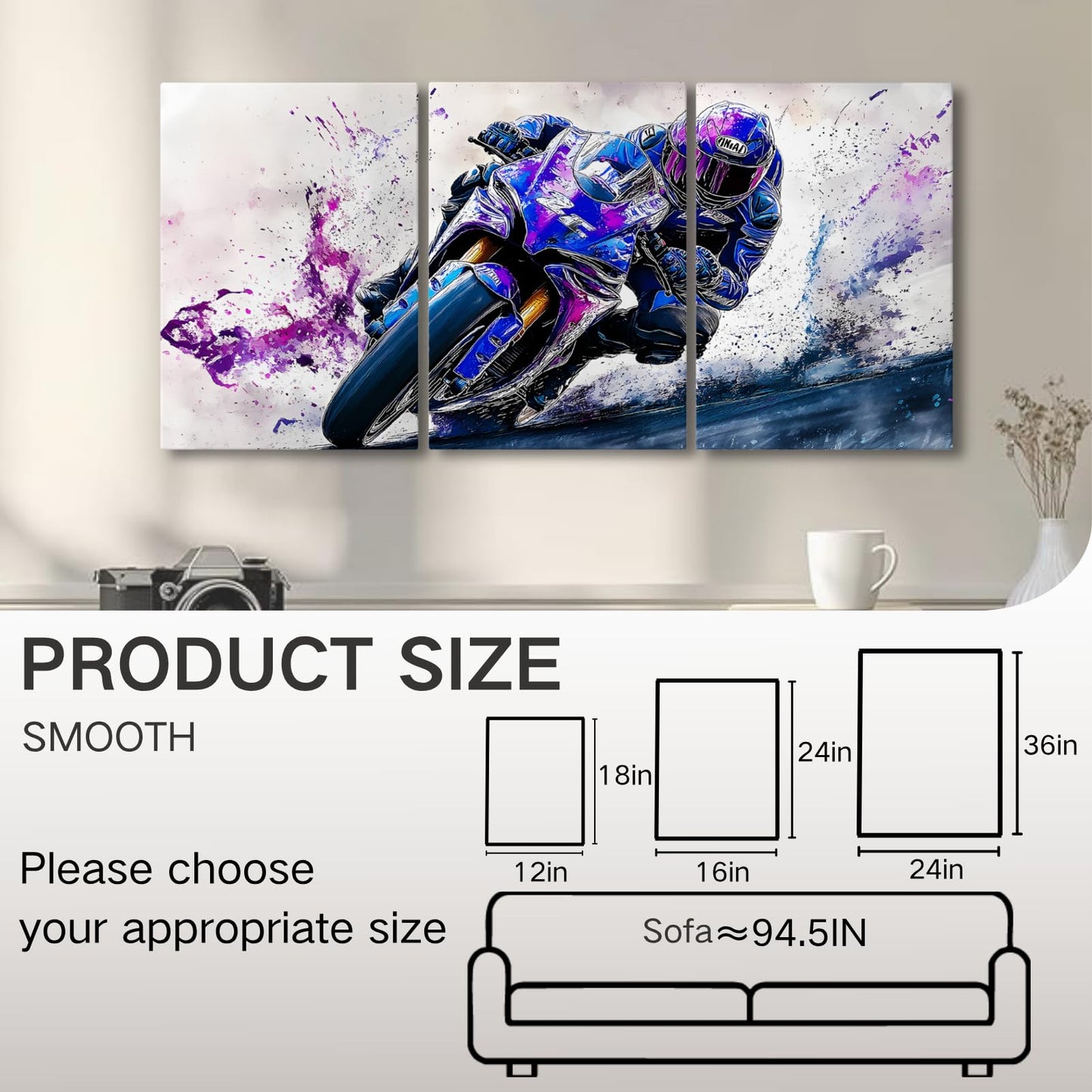 Wivsev Motorcycle Canvas Wall Art,3 Piece Motorcycle Graffiti Wall Art,Modern Cool Racing Poster for Living Room,Bedroom (12" x 18" x 3 pcs)