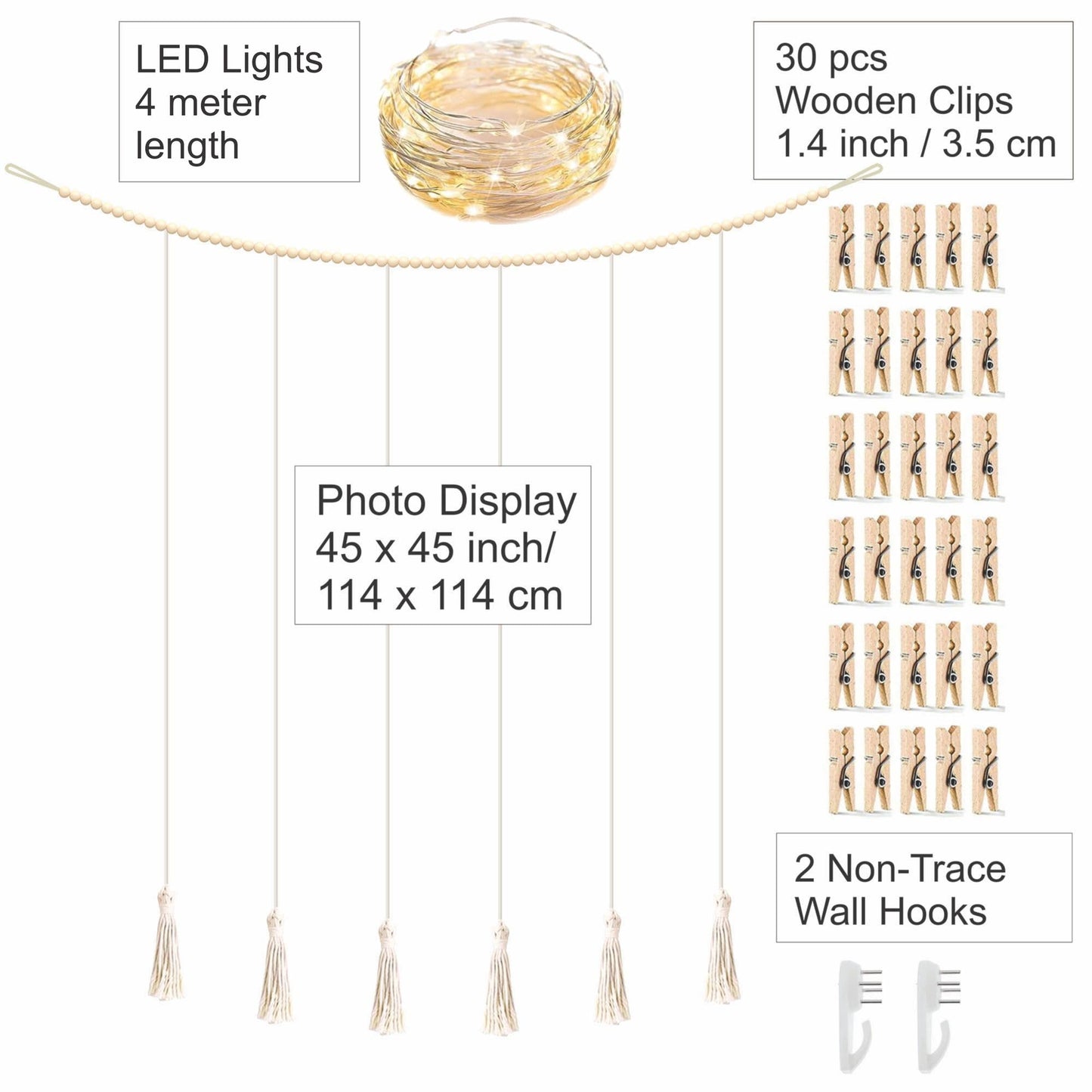 Hanging Photo Display with Clips Wall Boho Decor Beads Garland with Led Lights - Sculptural Picture Frames Collage - 30 Clothespins - 2 Non-Trace Hook - Photo Clip String Lights - 45 x 45 inch