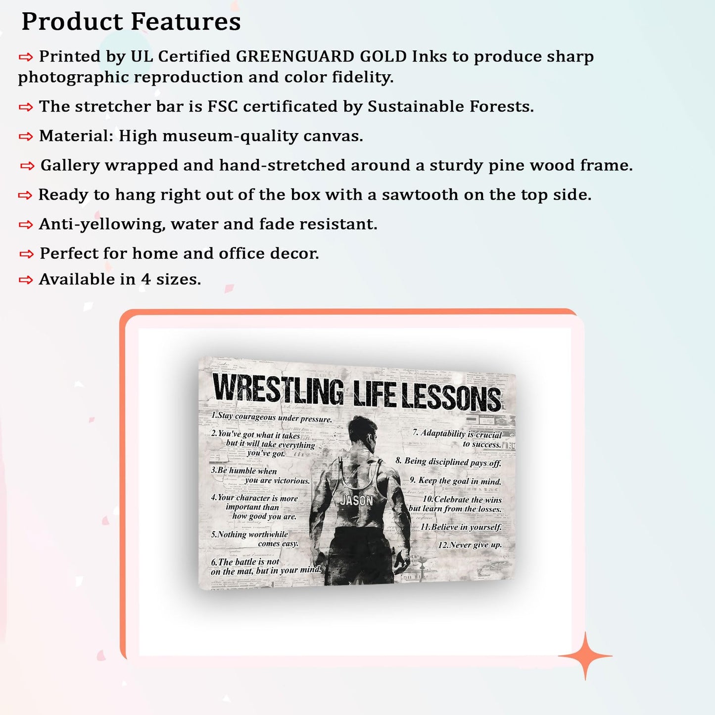 Wrestling Life Lessons, Personalized Motivational Wrestling Canvas Painting, Inspirational Quotes Wall Art Decor, Poster Gift For Wrestling Lovers