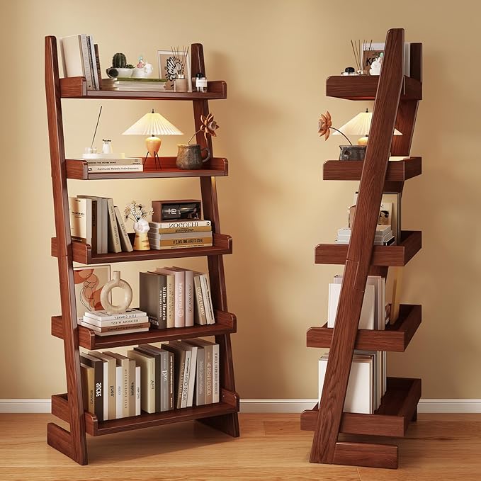 5 Tier Ladder Shelf, Leaning Bookshelf with Wood Frame, 5 Shelf Tall Bookcase Standing Storage Organizer Solid Wood Storage Shelves for Living Room, Bedroom, Home Office (Walnut)