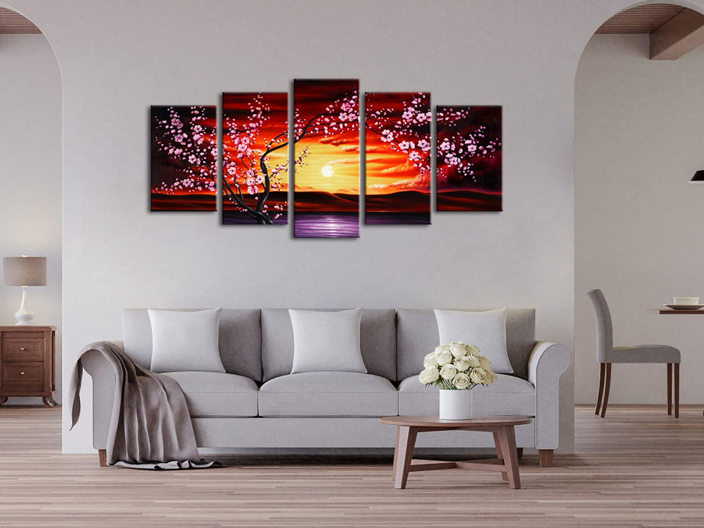 Wieco Art 5 Piece Plum Tree Blossom Canvas Prints Wall Art Abstract Floral Pictures Paintings Decor for Home Decorations Modern Stretched and Framed Contemporary Giclee Red Flowers Artwork
