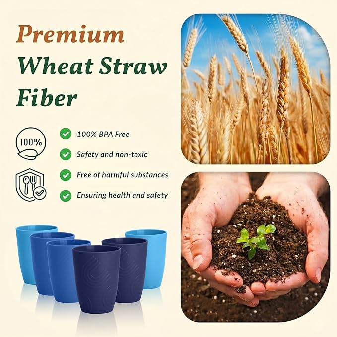 Homienly Wheat Straw Cups 16oz,Unbreakable Cups-6 PCS Freezer and Dishwasher Safe Cups for outdoor gatherings,Picnic,Travel-Blue Sky